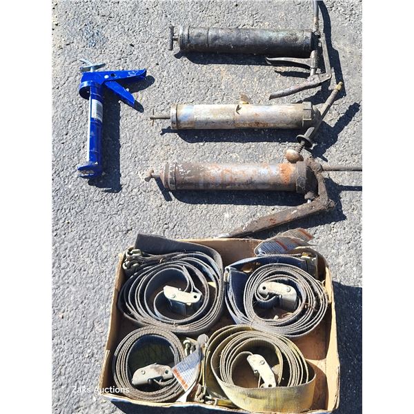 Ratchet Straps, 3 Heavy Duty Grease Guns, 1 Cualking Gun