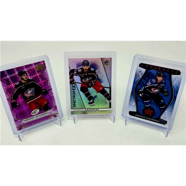 Johnny Gaudreau Hockey Card Trio â€“ Elite, SP Spectrum, Artifacts /75