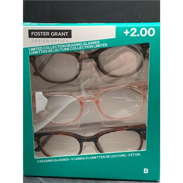 Foster Grant Design Optics +2.00 Reading Glasses, 3 Pairs