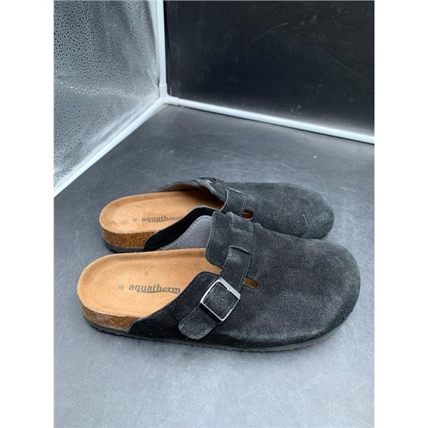 Aquatherm Black Suede Slip-On Sandals with Cork Sole by Size 9