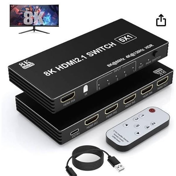 8K HDMI Switch 5 in 1 Out, HDMI 2.1 Switcher Selector 5 Port with IR Remote, HDMI Splitter 8K@60Hz/4