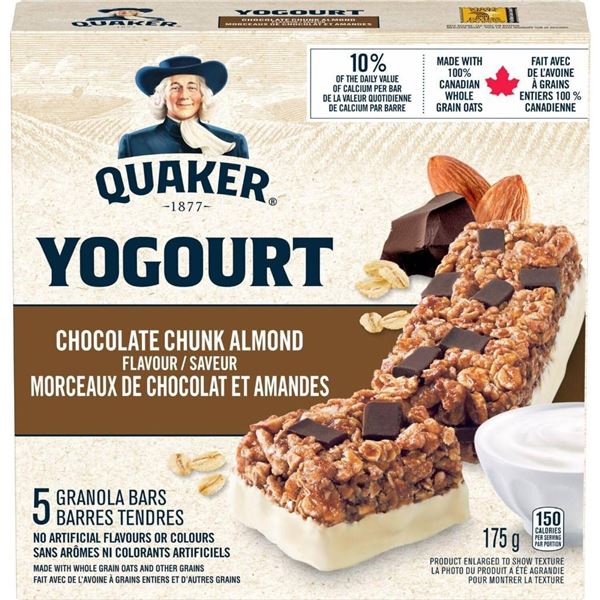 Quaker Yogourt Granola Bars, Chocolate Chunk Almond, 12 Packs of 175g