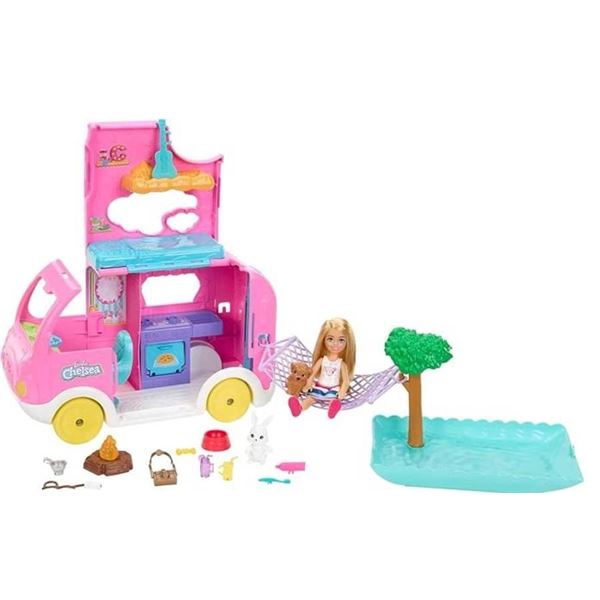 Barbie Toy Camper & Chelsea Doll, 2-in-1 Playset with 2 Pets & 15 Accessories, Vehicle Transforms in