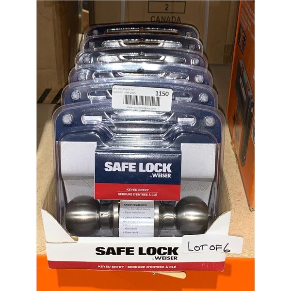 Lot of 6 Weiser Safe Lock Keyed Entry Door Knobs Brushed Silver