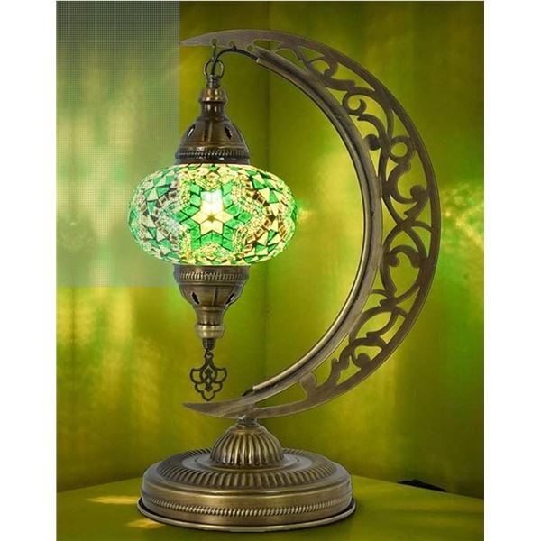 mozaist Turkish Mosaic Moon Shape Table Lamp, Moroccan Crescent Vintage Handmade Desk Light, Authent