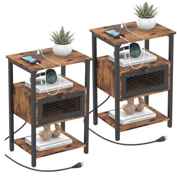 DOMYDEVM 2 Pack Nightstand with Charging Station Bedroom Bedside Table with Power Outlets and USB Po