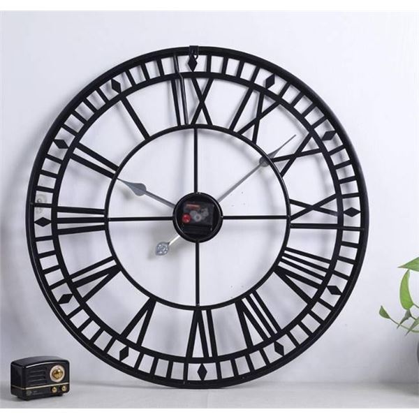 Roman Numeral Wall Clock with Metal Frame, 37 Inches Diameter