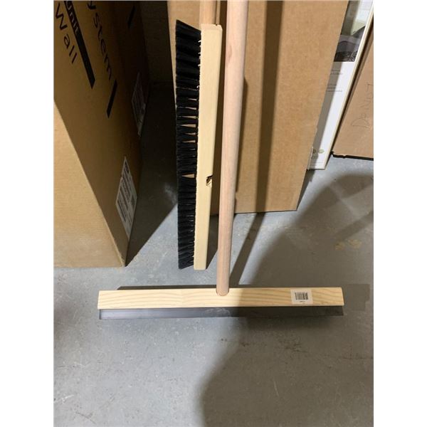 Lot of 2 -Wooden Handle Shop Broom with Bristle and Rubber Squeegee Head