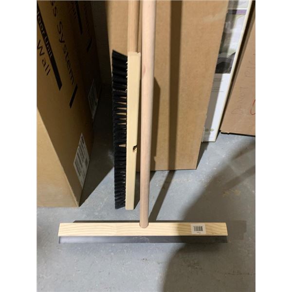 Lot of 2 -Wooden Handle Shop Broom with Bristle and Rubber Squeegee Head