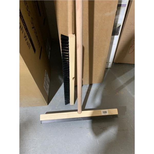 Lot of 2 -Wooden Handle Shop Broom with Bristle and Rubber Squeegee Head