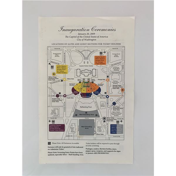 Barack Obama 2009 Presidential Inauguration Ceremony ticket holder map