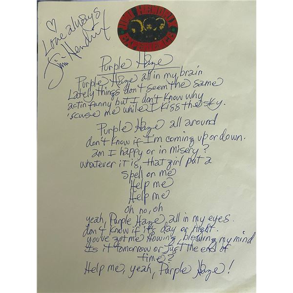 RARE Jimi Hendrix Purple Haze signed handwritten lyrics