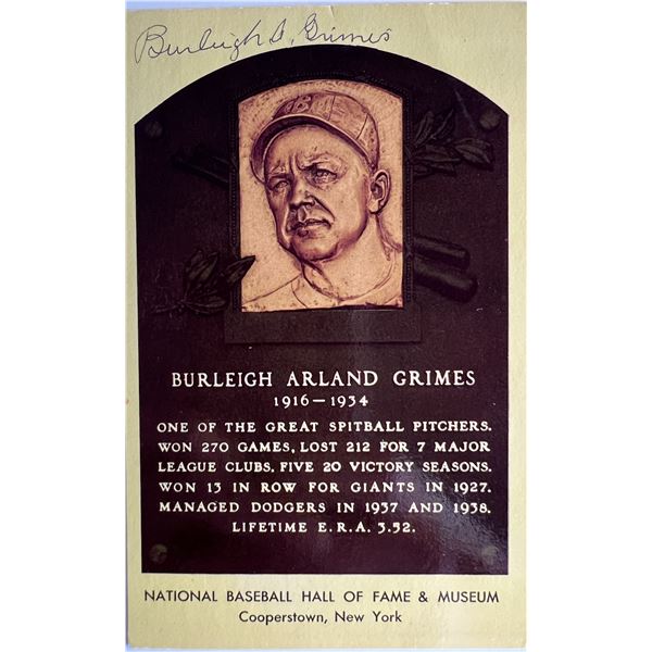 Burleigh Grimes signed HOF postcard