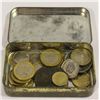 SMALL OLD TIN WITH ESTATE WORLD COINS