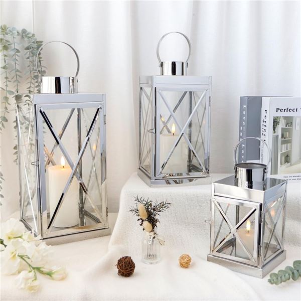 NEW TRIROCKS SET OF 3 SILVER SQUARE CANDLE LANTERN