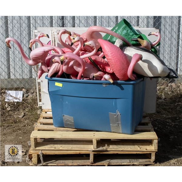 PALLET OF FLAMINGOS AND SANDWHICH BOARDS