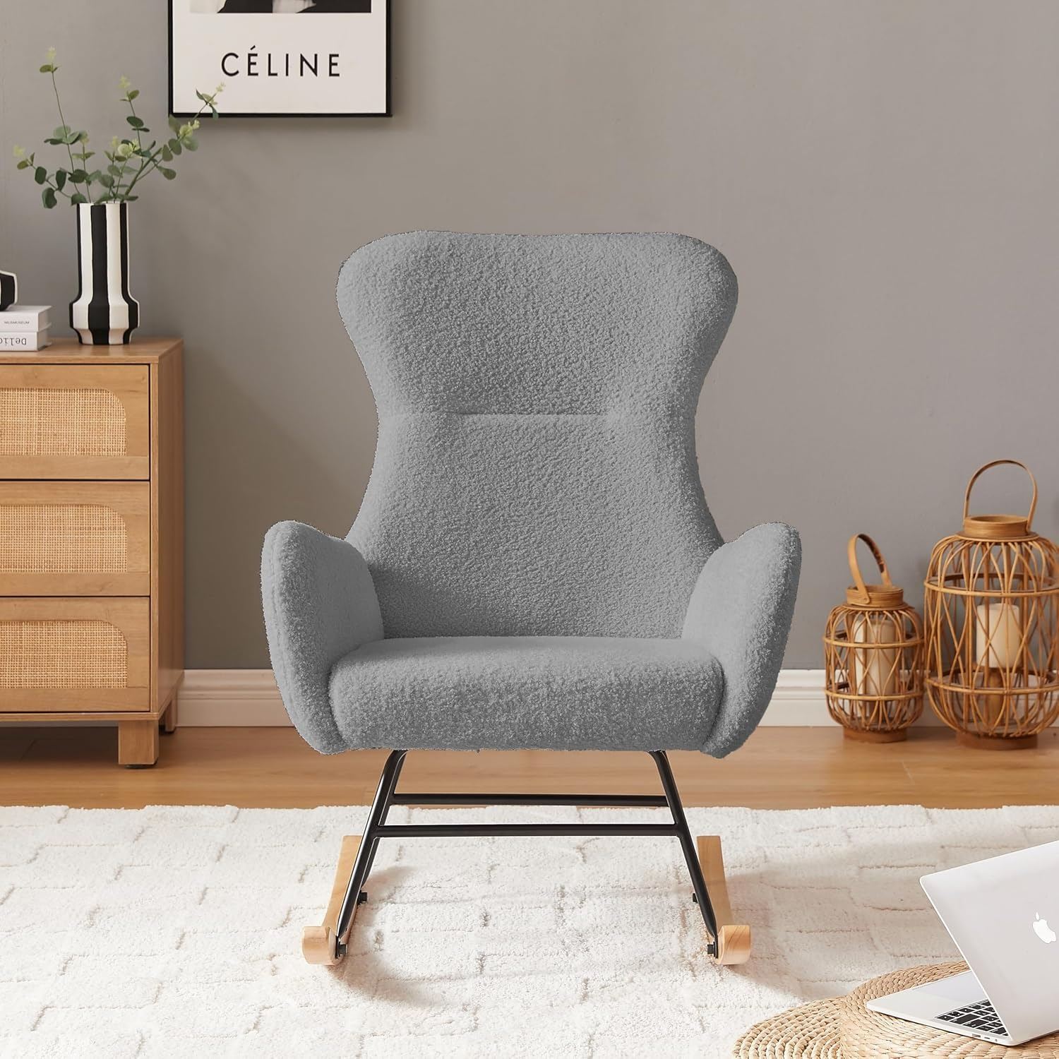 NEW GREY PLUSH ROCKING CHAIR - LIGHT GREY