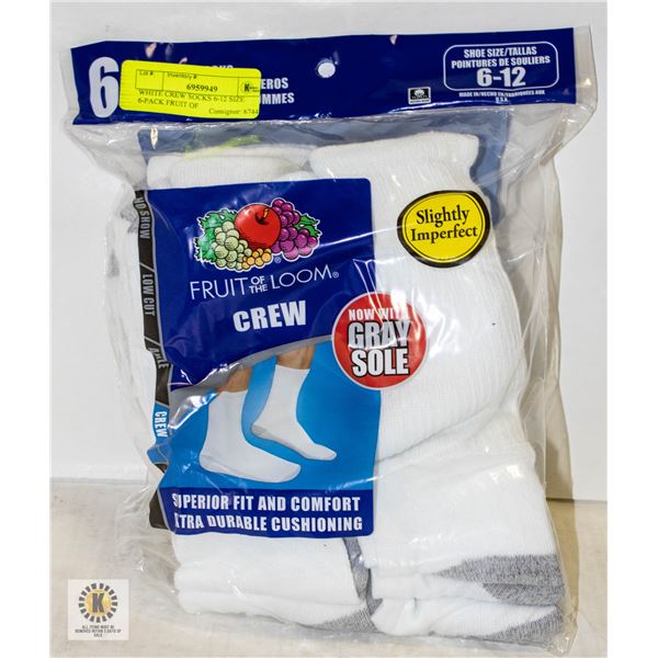 WHITE CREW SOCKS 6-12 SIZE 6-PACK FRUIT OF