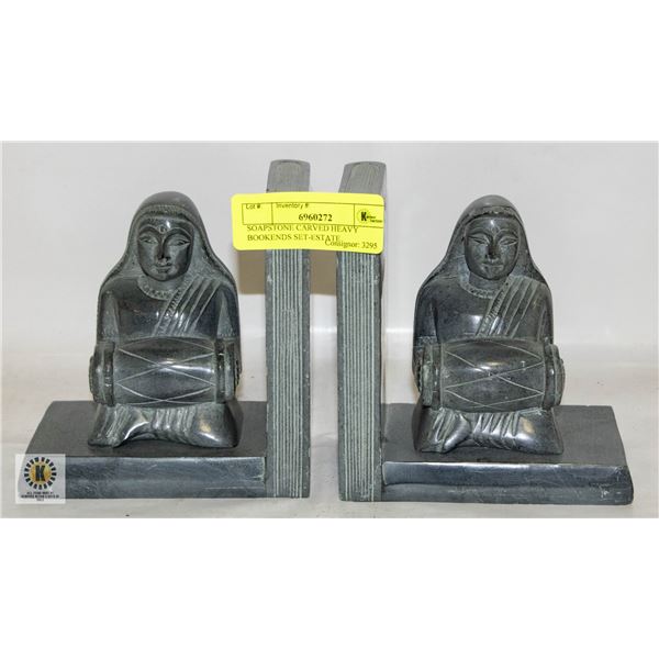 SOAPSTONE CARVED HEAVY BOOKENDS SET-ESTATE