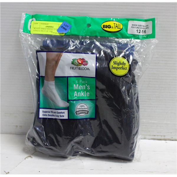 BLACK ANKLE SOCKS 12-16 SIZE 6-PACK FRUIT OF THE