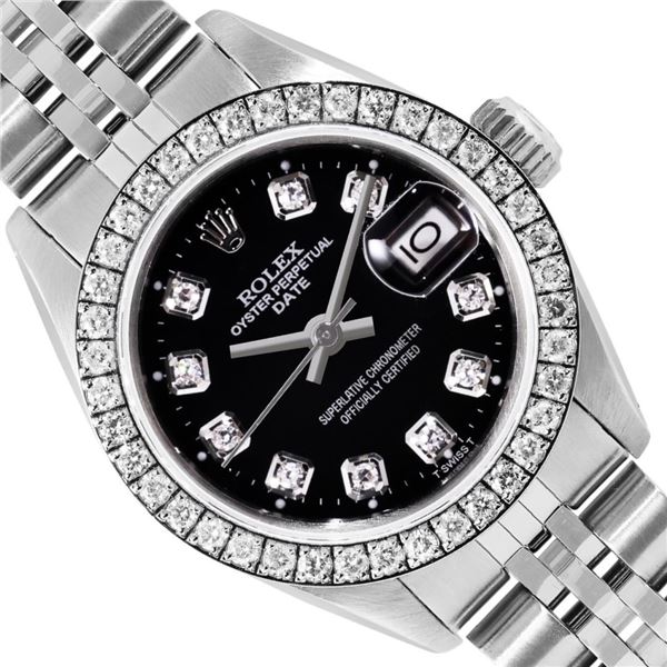 Rolex Ladies Stainless Steel Black Diamond Date Wristwatch 26MM