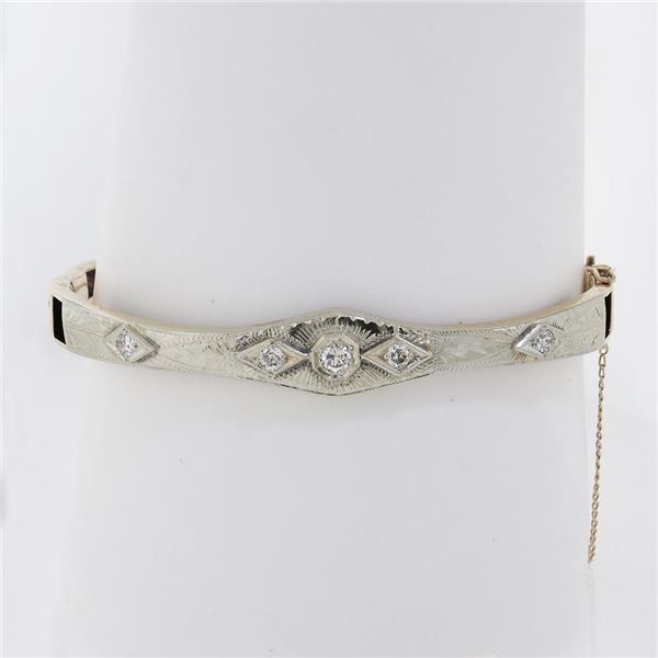 Antique Art Deco 18K TT Gold.37 ctw Diamond Engraved Hinged Open Bangle Bracelet
