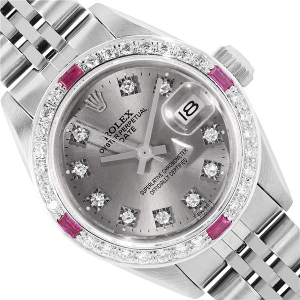 Rolex Ladies Stainless Steel Slate Gray Diamond And Ruby Date Wristwatch 26MM