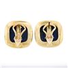 Image 5 : Large 14K Gold Cushion Cabochon Polished Lapis Lazuli Bezel Set Button Earrings