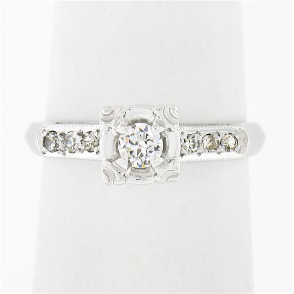 Vintage 14k White Gold 0.24 ctw Illusion Set Round Diamond Engagement Promise Ri