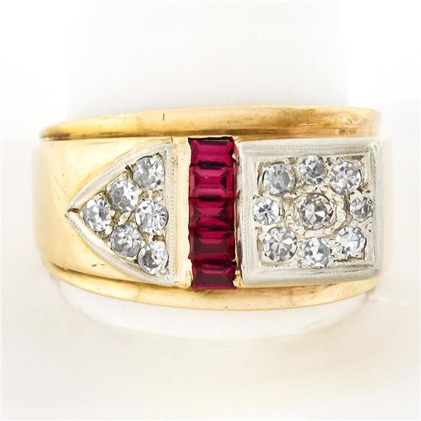 Men's Retro Vintage 14K Gold 0.40 ctw Diamond & Synthetic Ruby Buckle Band Ring