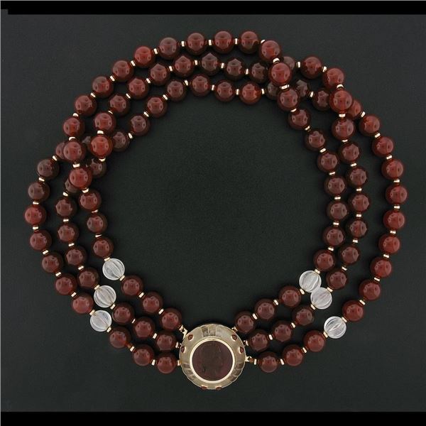 Trianon 3 Strand Carnelian & Rock Crystal Bead Necklace & Cameo 14k Gold Pendant