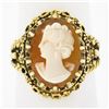 Image 1 : Vintage 14k Gold Oval Carved Shell Cameo w/ Twisted Wire Frame Cocktail Ring