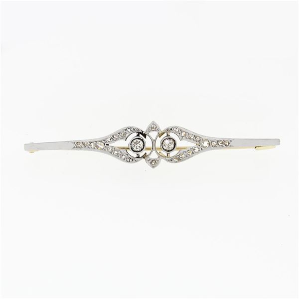 Antique Edwardian Platinum Top 18k Gold 0.55 ctw Diamond Milgrain Bar Pin Brooch