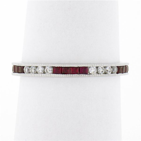18k White Gold 0.70 ctw Square Ruby & Round Diamond Milgrain Eternity Band Ring