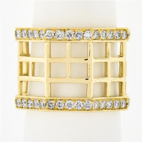 Estate 18k Yellow Gold 1.4 ctw Diamond Open Geometric 15mm Wide Band Ring size 6