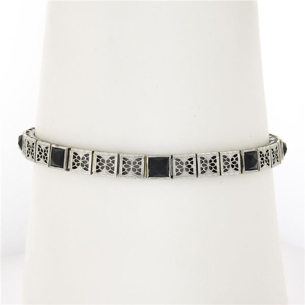 Antique Art Deco 14k Gold Bezel Set Black Onyx Etched Line Filigree Bracelet
