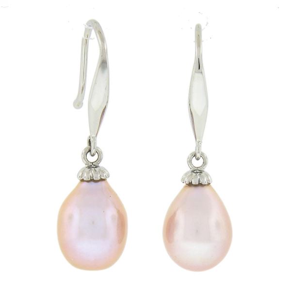 Classic Simple 14k White Gold Cultured Pink Pearl Tear Drop Dangle Earrings