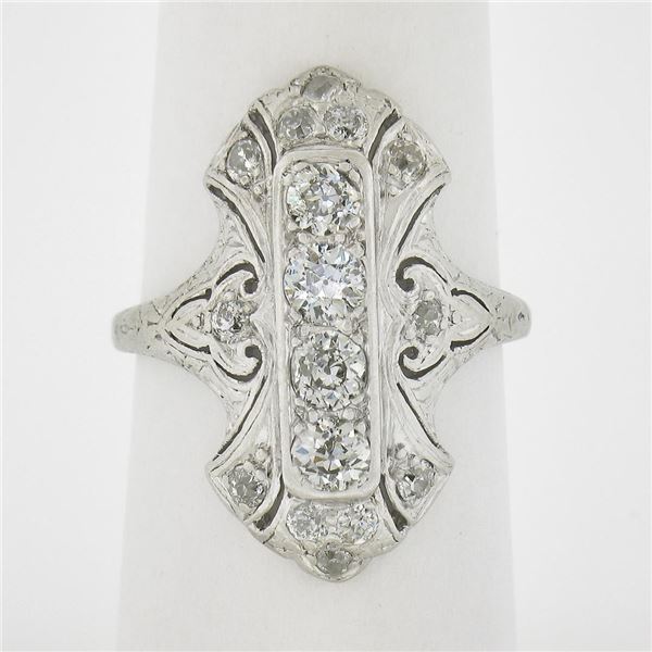 Antique Edwardian Platinum 1 ctw Old Diamond Milgrain Detailed Long Dinner Ring