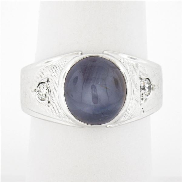 Mens Vintage 14K White Gold Bezel Star Sapphire & Diamond Florentine Finish Ring