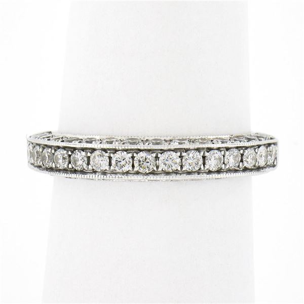 Estate 18k White Gold 0.90 ctw Pave Diamond 3.7mm 3 Sided Wedding Stack Band Rin