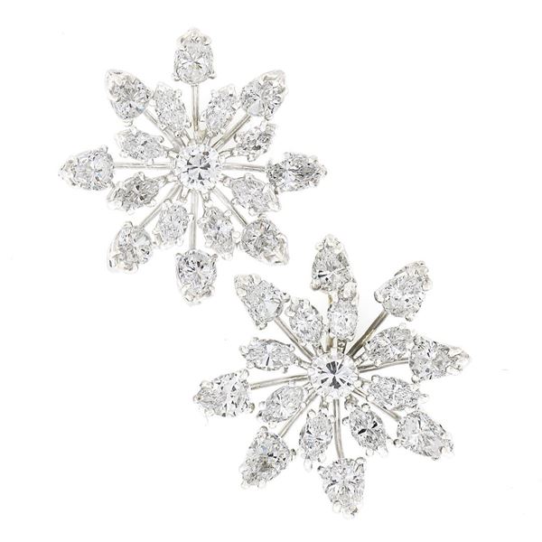 Vintage Platinum 6.4 ctw Pear Marquise Diamond Large Snowflake Spray Stud Earrin
