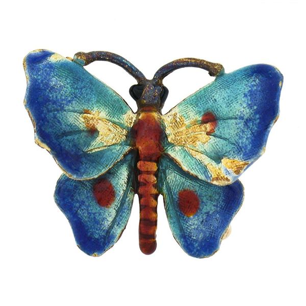 Vintage 14K Yellow Gold Colorful Petite Butterfly Brooch Pin w Florentine Finish
