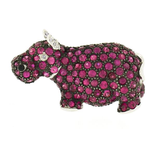 Estate 18k Gold Vivid Red Ruby & Diamond Hippo Hippopotamus Brooch Pin Pendan