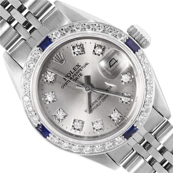 Rolex Ladies Stainless Steel Gray Diamond And Sapphire Date Wristwatch 26MM