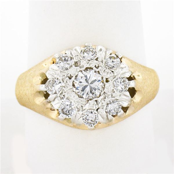 Men's Vintage 14K Two Tone Gold 0.80 ctw Round Diamond Brushed Finish Cluster Ri