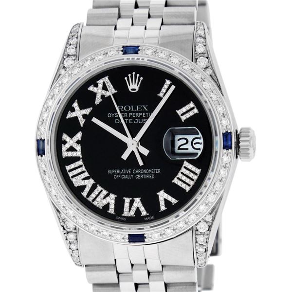 Rolex Mens Stainless Steel Black Roman Diamond Lugs And Sapphire Datejust Wristw