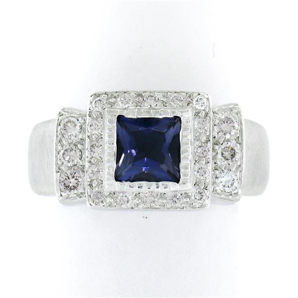 14K White Gold 1.65 ctw Princess Iolite Bezel Solitaire Diamond Halo Brushed Rin