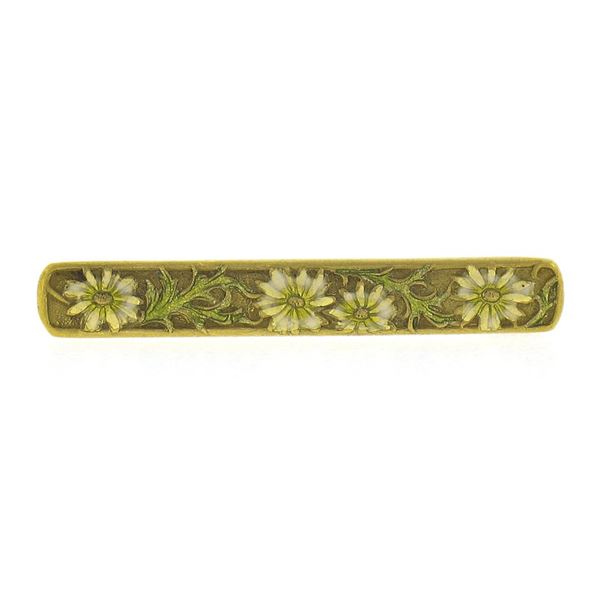 Antique Krementz 14K Gold Floral White & Green Enamel Petite Bar Pin Brooch