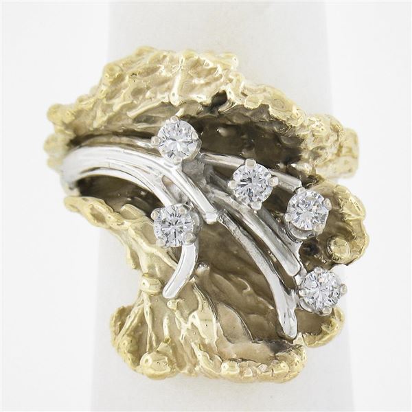 Vintage 14k TT Gold .30 ctw Diamond Textured Floral Nugget Statement Cocktail Ri