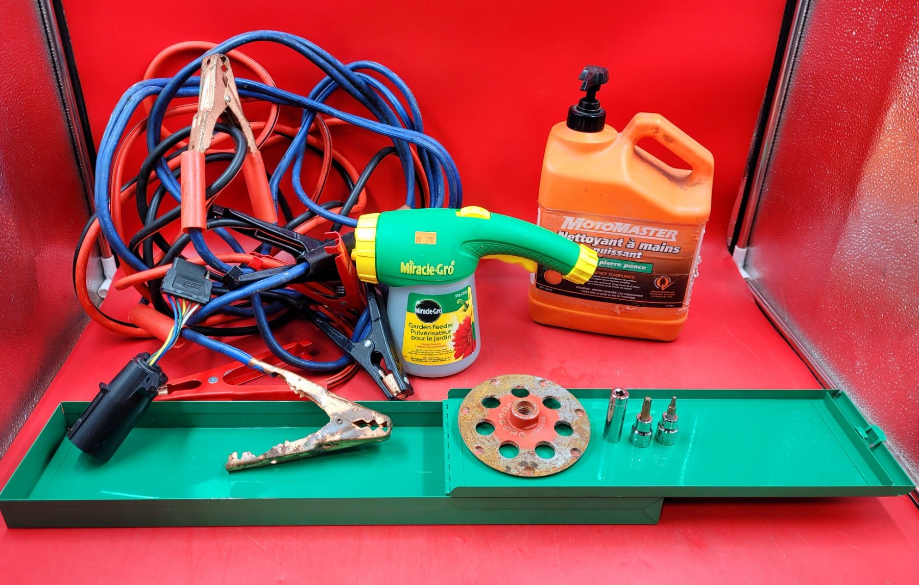 Jumper Cables, Motomaster Orange Hand Cleaner, & Miracle-Gro Dispenser